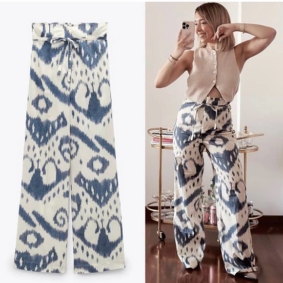 ZARA COTTON BLUE TIE DYE PRINTED TROUSERS - Picture 3 of 8